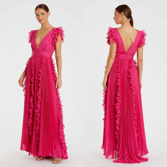Mac Duggal 49539 Size 12 Pink Pleated Ruffle Ruffles V-Neck Long Maxi Gown Dress - Picture 6 of 8